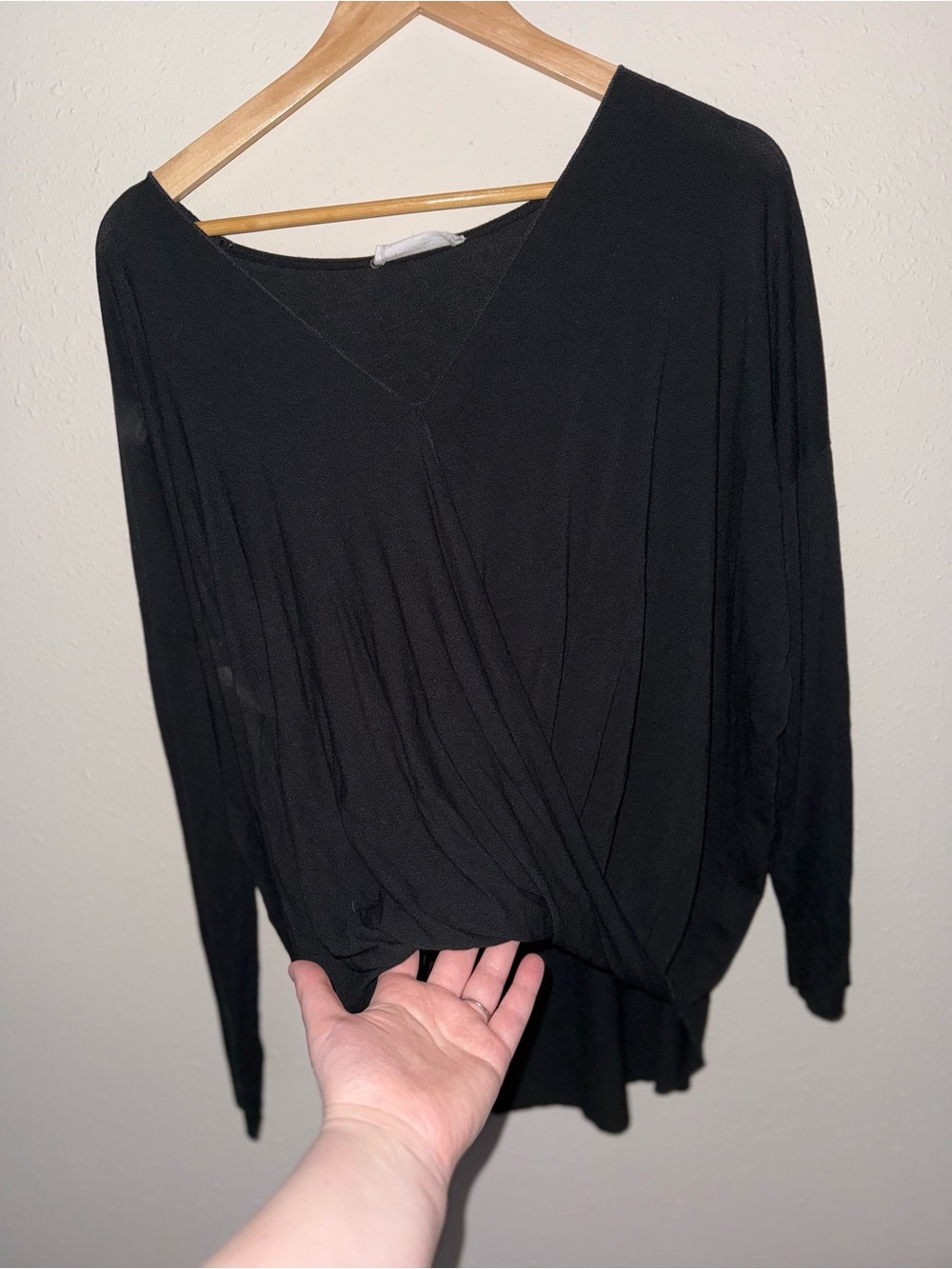 Double Zero Black Long-Sleeve Draped V-Neck Top